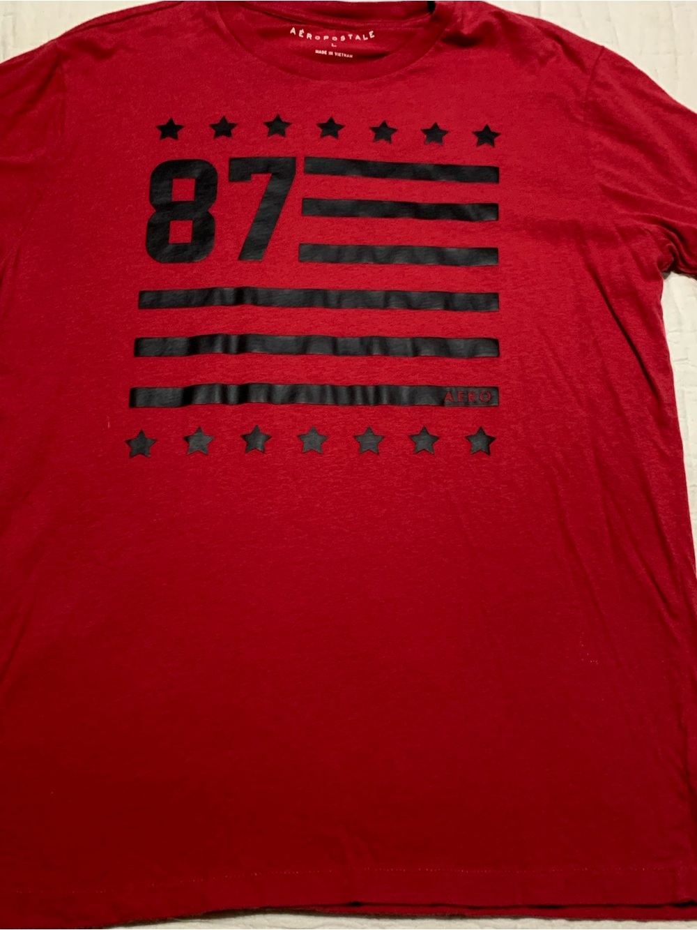 Aeropostale Red Short Sleeve Single Stitched Tee with Black 87 Flag Graphic